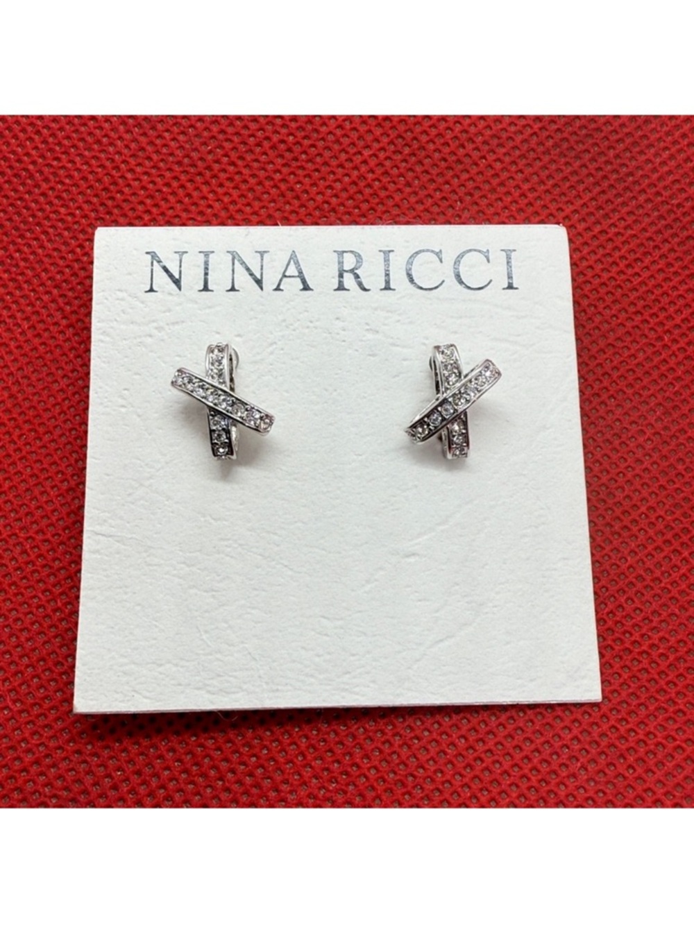 Nina Ricci Silver Crystal Cross-Accent Stud Earrings, NIP